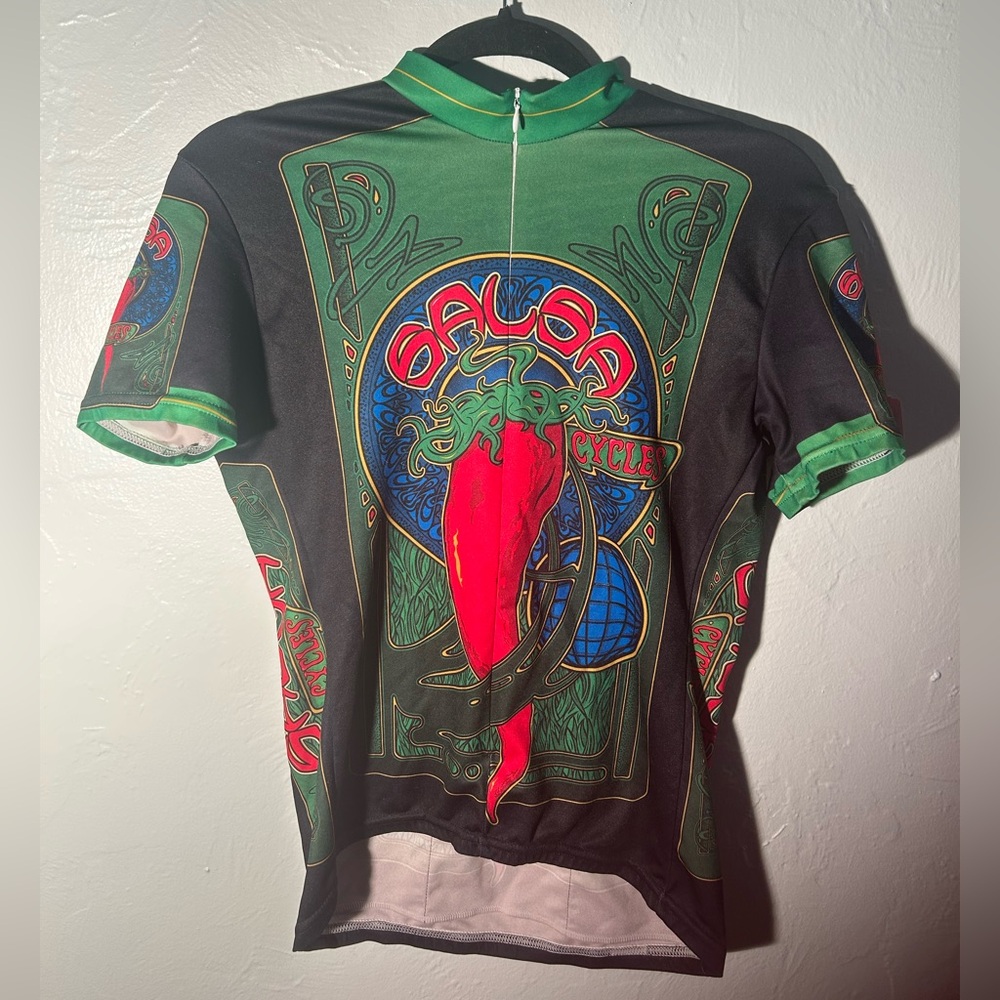 Vintage Women's Salsa Cycling Black and Green Jersey